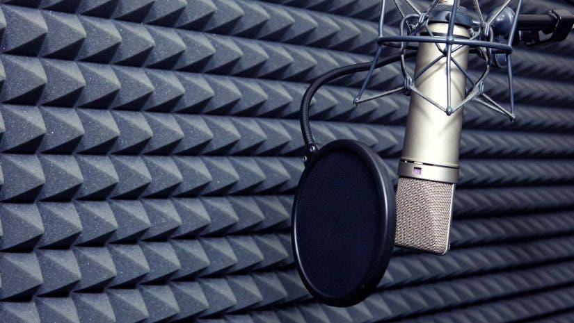 Microphone inside a soundproofed recording studio