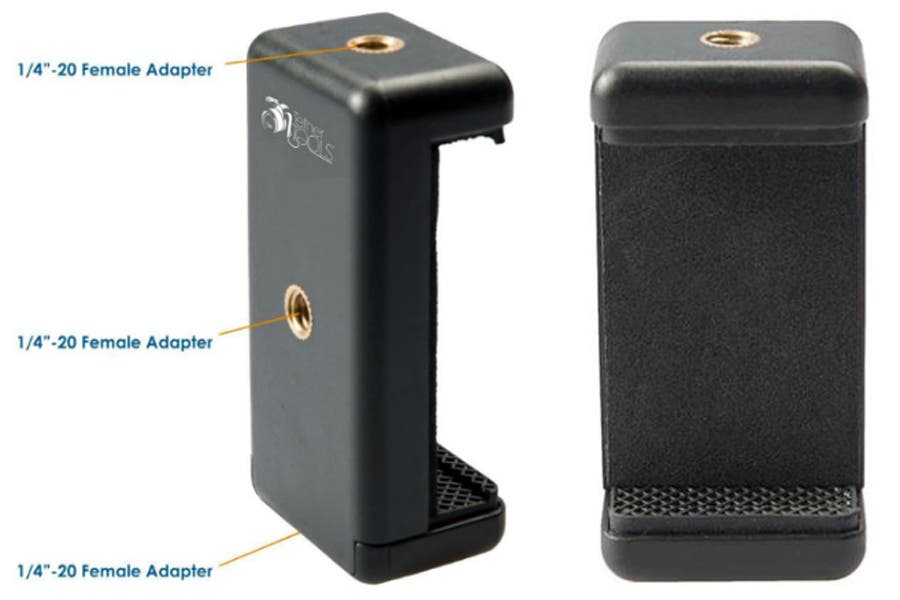 Collaged photos of Rock Solid LoPro Phone Mount showing 1/4"-20 adapters