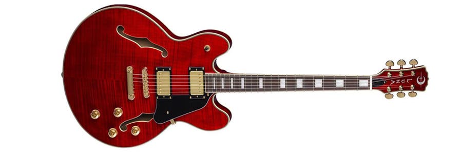 Trans red Luna Athena Semi hollow body Guitar with black pick guard