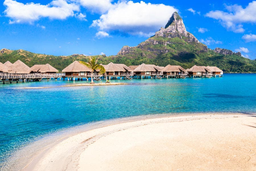 View of huts and mountain in Bora Bora island