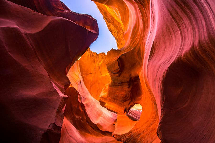 Red and orange sandstone walls of the Antelope Canyon in Arizona