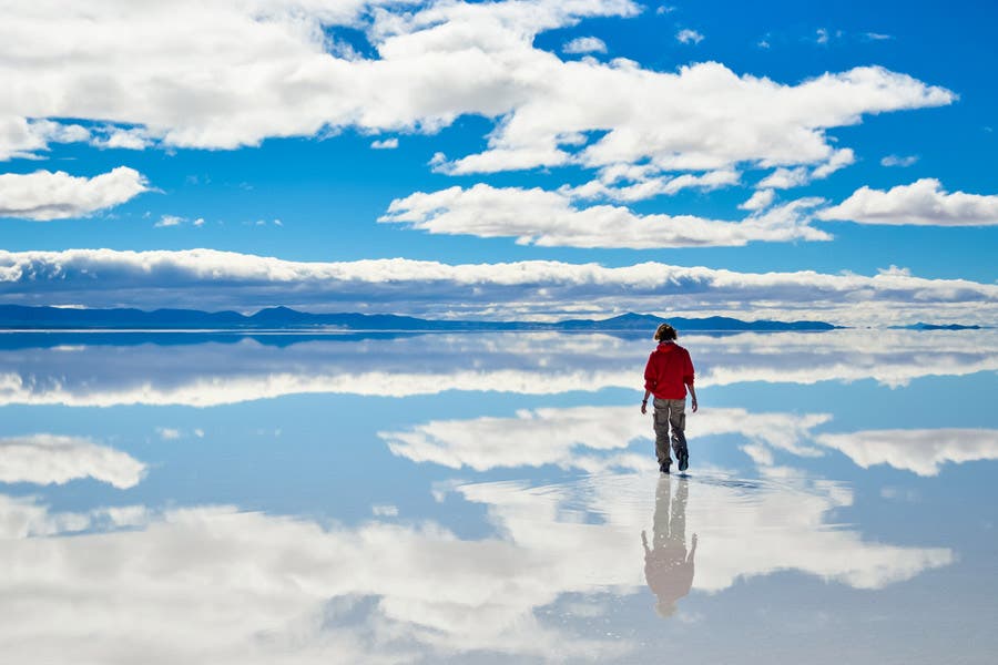 Stunning sky reflection on the Salar de Uyuni salt flats in Bolivia