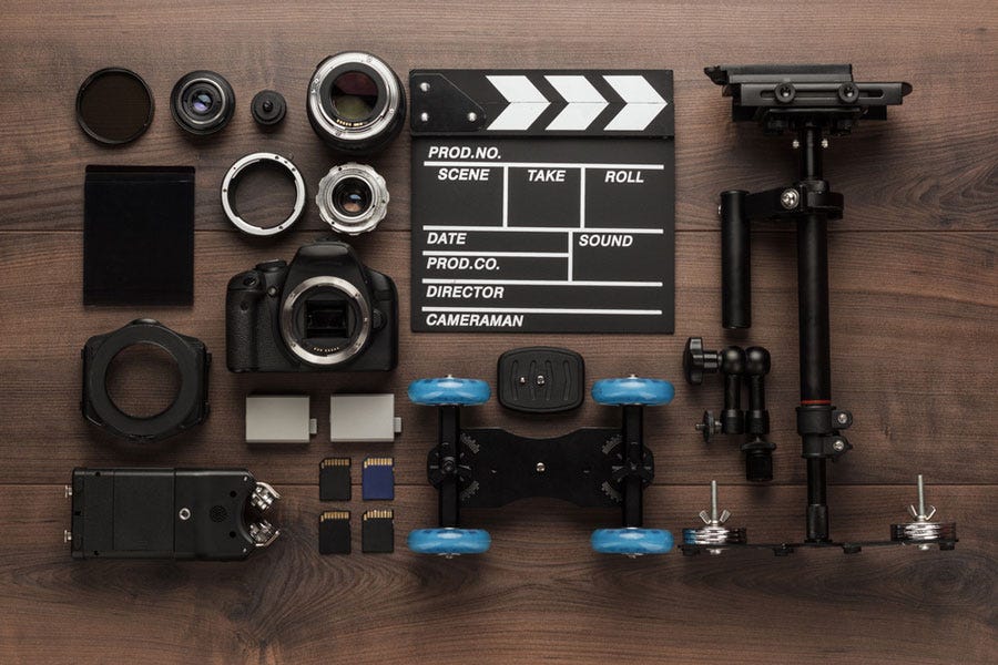 Flatlay image of essential gear for videography