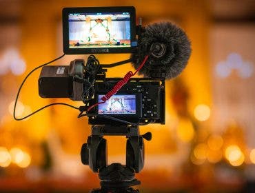 camera setup with external microphone and screen
