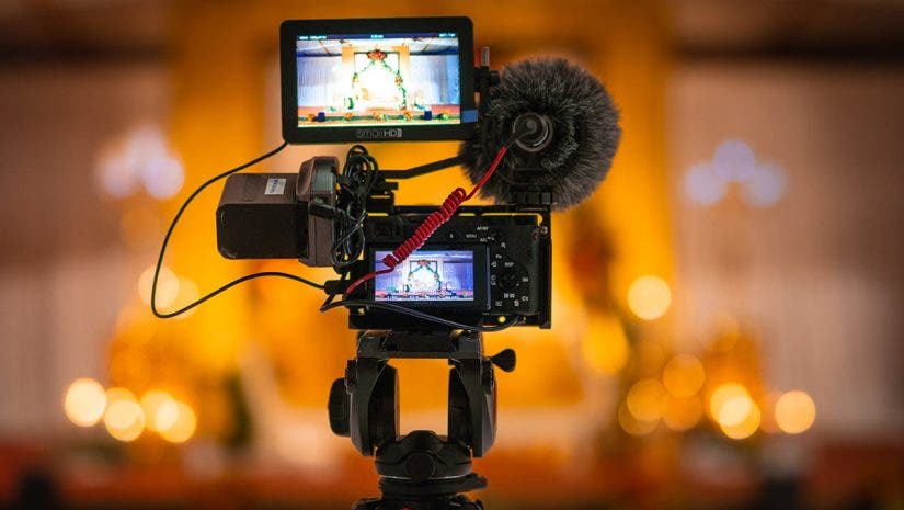 camera setup with external microphone and screen
