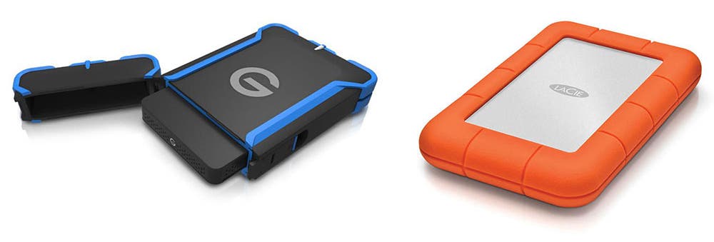 G-Technology G-Drive ev ATC External Hard Drive (left) and the LaCie 1TB Rugged Mini Portable External Hard Drive (right)