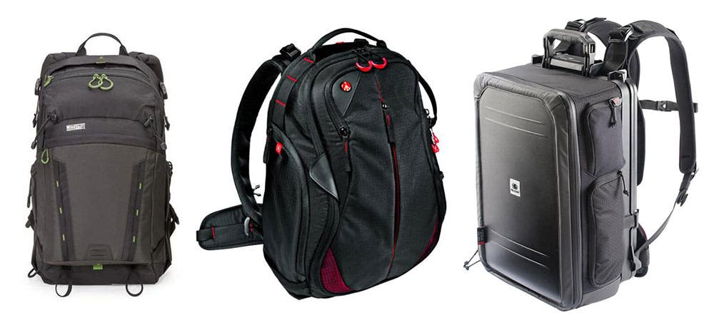 Left to right: Mindshift BackLight 26L Backpack, Manfrotto Pro Light Bumblebee-130 Camera Backpack and the Pelican S115 Sport Elite Laptop & Camera Backpack.