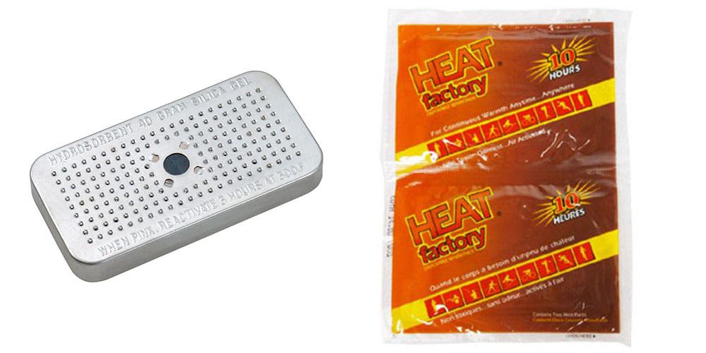 Pelican Desiccant Silica Gel (left) and Porta Brace Polar Heat Packs (right)