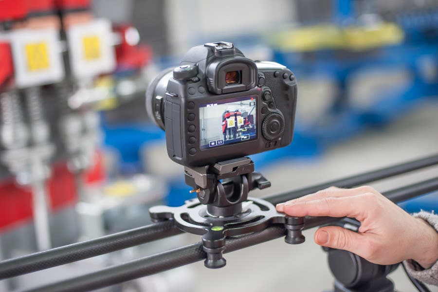 professional video camera on slider