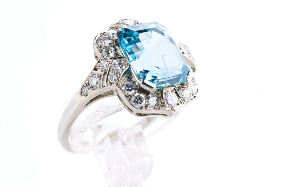 close up on details of a light blue ring