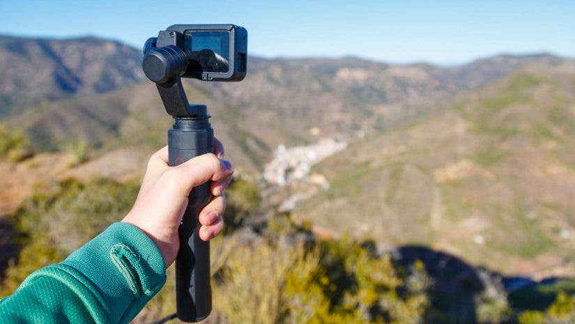 action camera mounted on gimbal stabilizer