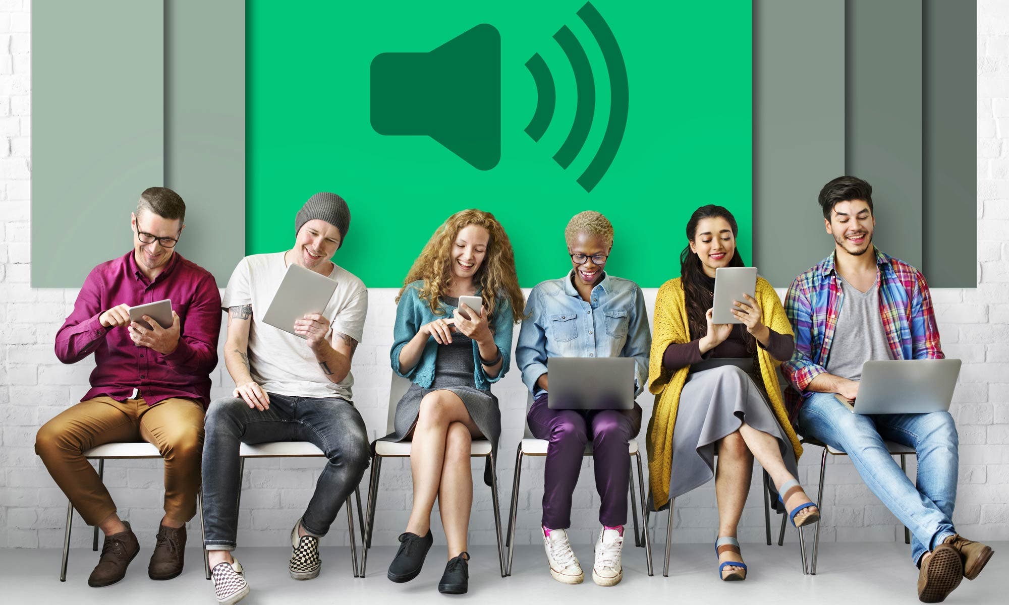 conceptual image of group of people with screen gadgets and audio icon in background