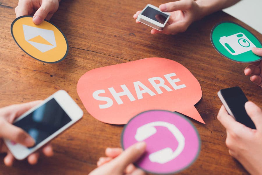 media sharing concept with colorful icon and text cards
