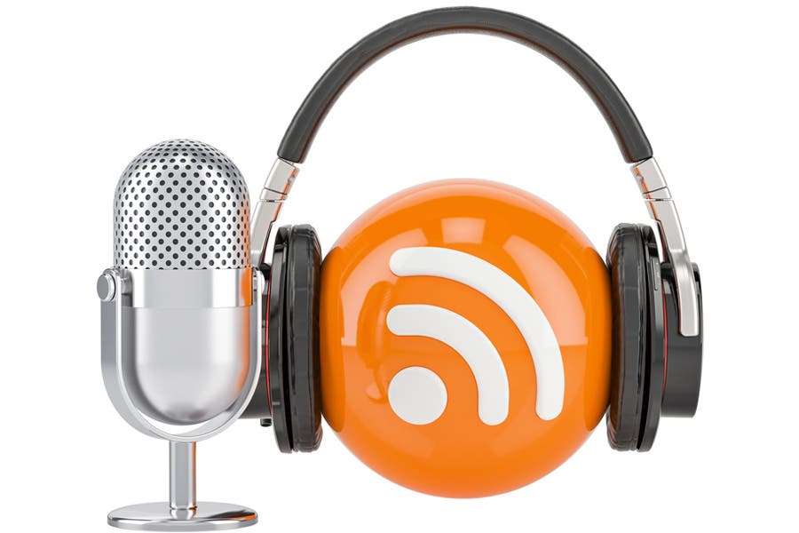 podcast rss feed concept with microphone, headphones, and rss logo