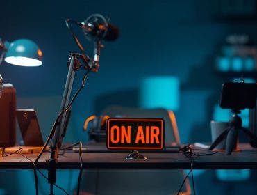 video podcast equipment on table on air sign