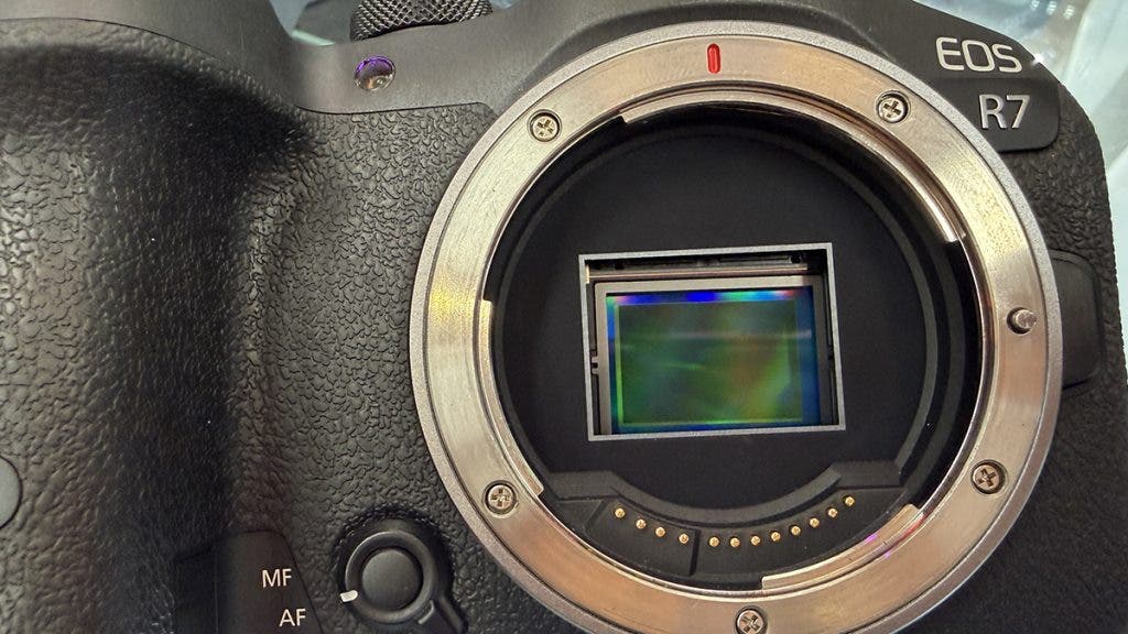 Close-up of a black Canon EOS R7 mirrorless body with the lens detached, exposing its rectangular APS-C camera sensor size inside the metallic lens mount.