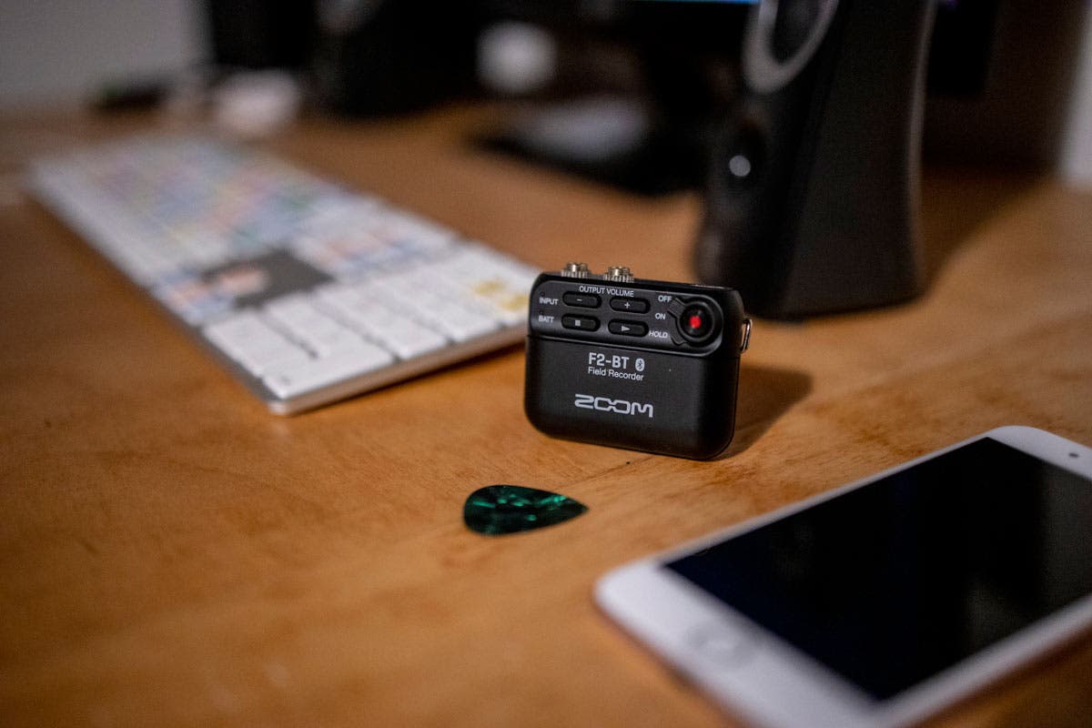 Zoom F2 Field Recorder on desk audio recording podcasting