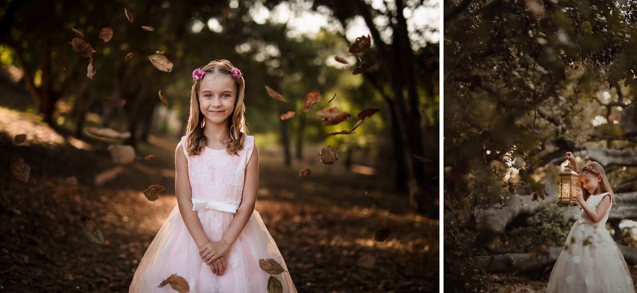 side by side photos of girl with lamp and falling leaves in kids photography ideas for creative photos