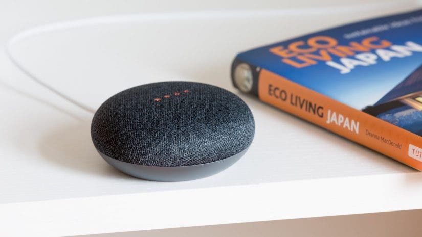 Charcoal Google Mini on white surface