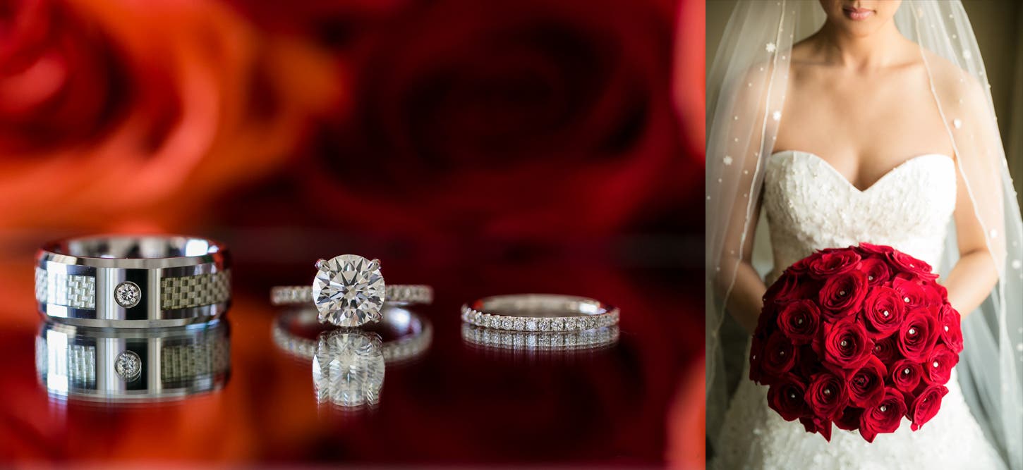 wedding rings in front of flowers next to image of bride holding the flowers
