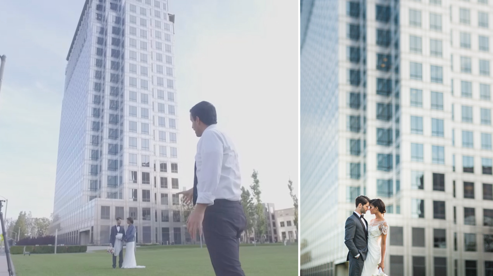 couple stands in front of building with BTS