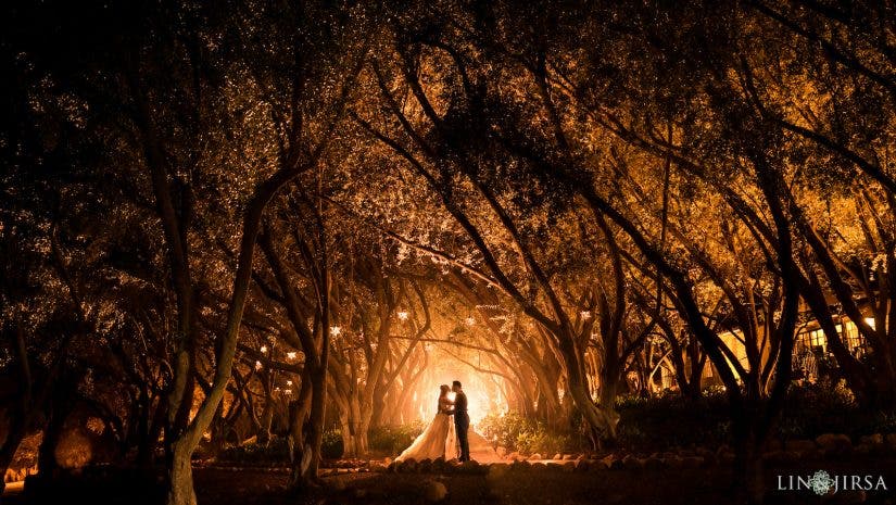 couple poses in woods