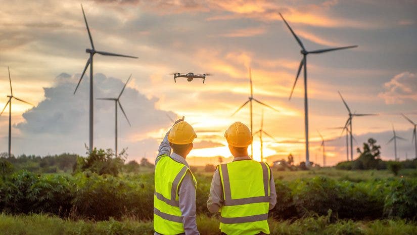 construction drone pilots with windmills