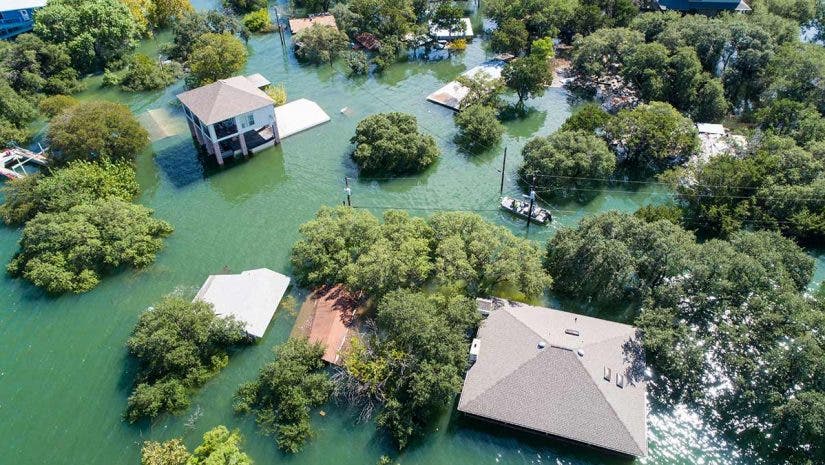 town flooding aerial view from drones in a natural disaster response