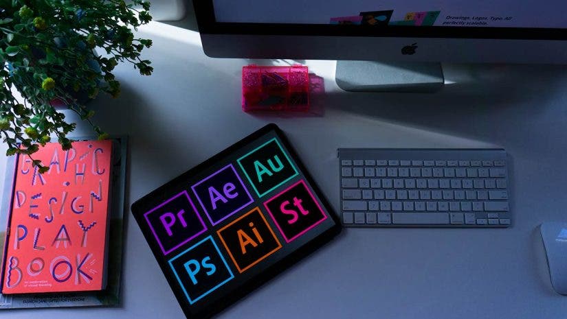 adobe programs logos on tablet and imac