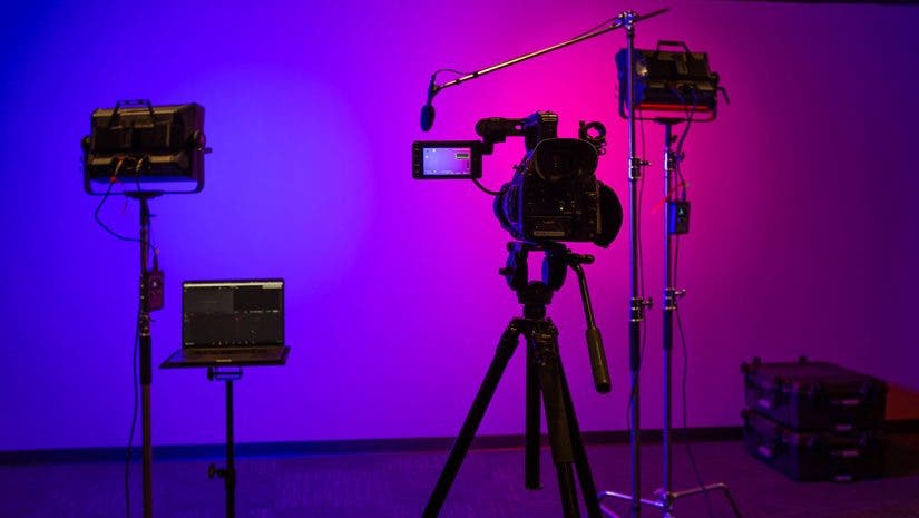 West Coast Baptist College video production studio setup with camera and lighting