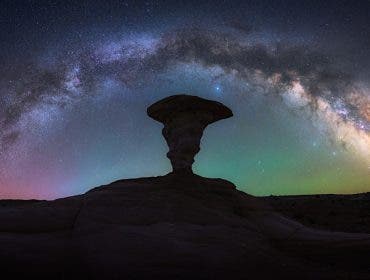 The Milky Way over an interesting rock hoodoo in Central Utah.
