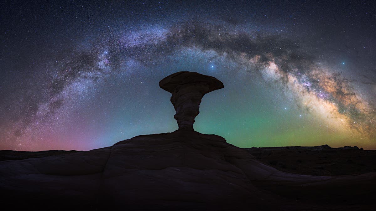 The Milky Way over an interesting rock hoodoo in Central Utah.