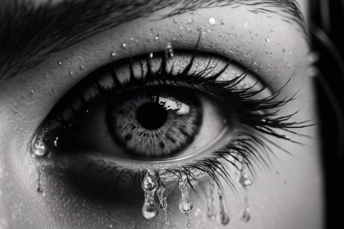 A woman's eye with water droplets on it and the iris of her eye photorealistic imagery capturing hyperrealism