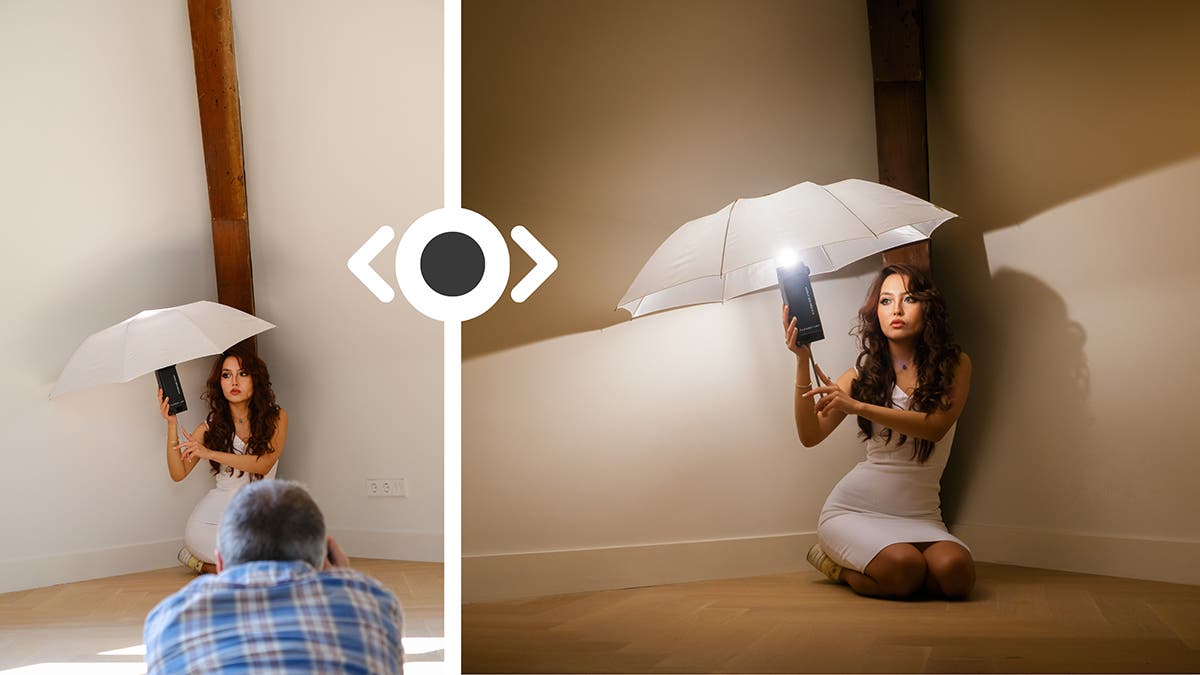 Image of the behind the scenes feature by Cristina Santelises vs the final image taken by Gavin Hoey