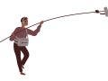 Boom operator with microphone on pole. Recordist, audio assistant at movie production. Professional holding mic and recording sound for cinema. Flat vector illustration isolated on white background.