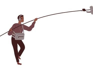 Boom operator with microphone on pole. Recordist, audio assistant at movie production. Professional holding mic and recording sound for cinema. Flat vector illustration isolated on white background.