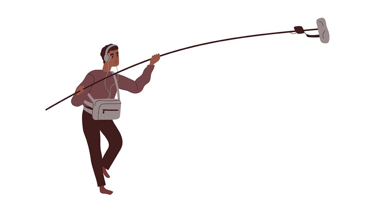 Boom operator with microphone on pole. Recordist, audio assistant at movie production. Professional holding mic and recording sound for cinema. Flat vector illustration isolated on white background.