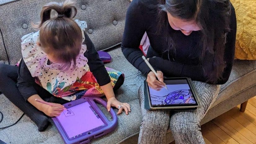 Mom and daughter being creative together