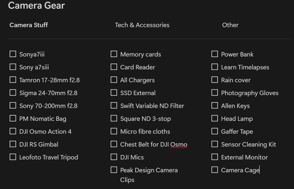 Checklist of camera gear and accessories