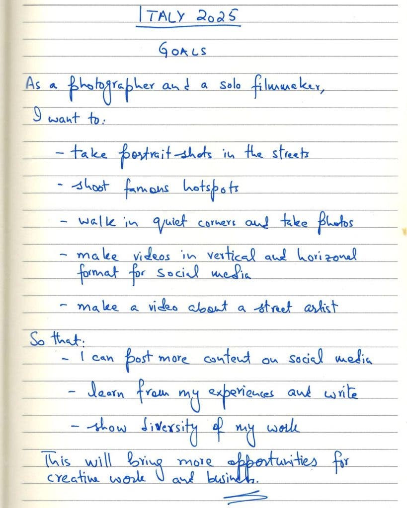 handwritten list of travel goals