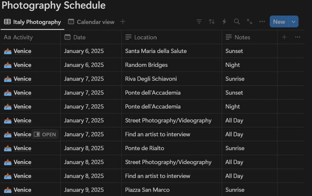 Venice travel schedule
