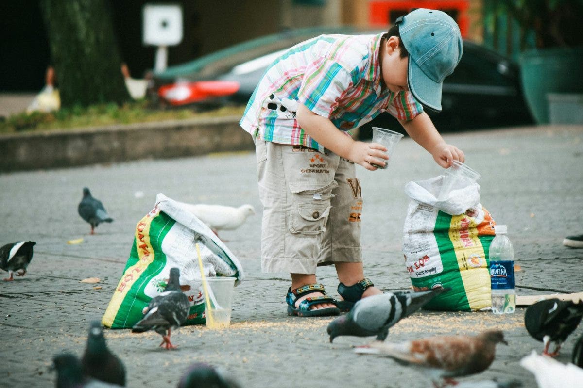 a boy in public picking up trash while surrounded by pigeons