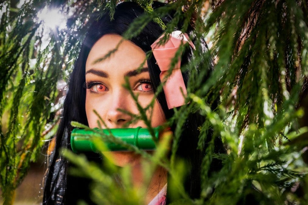 cosplay photography of Nezuko Kamado, a character from Demon Slayer