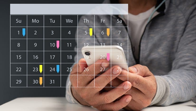 Appointment Reminder for the Calendar and the Organizer's Agenda.Event planners use timetables and agendas to arrange and schedule events.The man is on his phone, taking notes on his virtual calendar