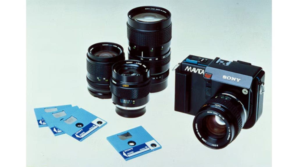 Important in the history of Sony cameras was the Mavica - shown here with the floppy disks it stored images on.