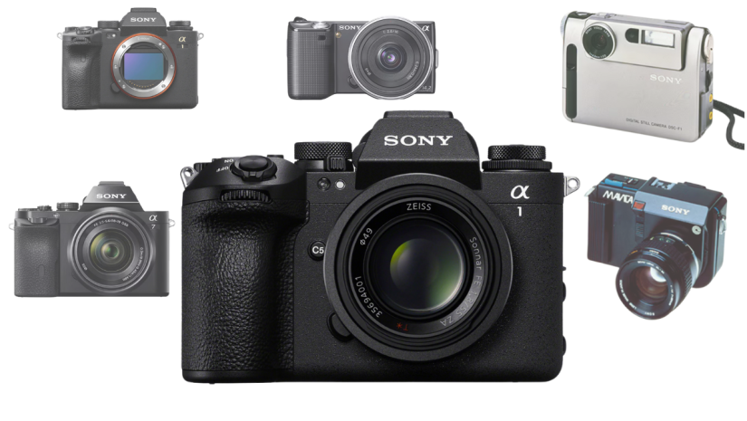 A collage of some of the most important cameras in the history of Sony