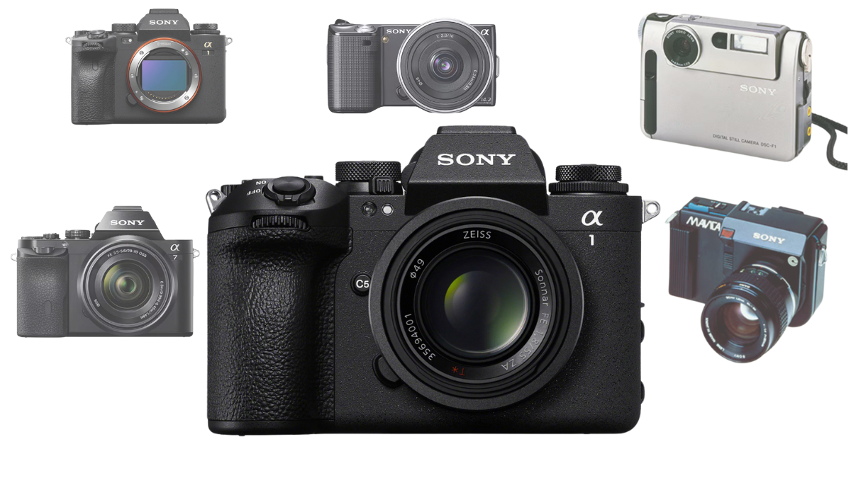 A collage of some of the most important cameras in the history of Sony