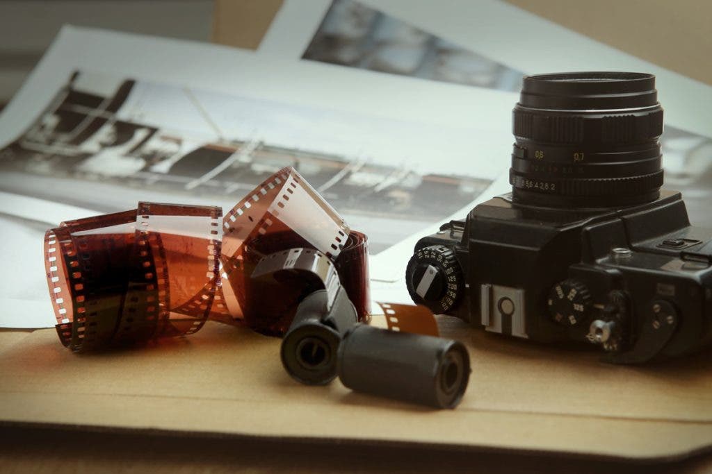 Photographic film rolls, cassettes and camera . Analog film stri