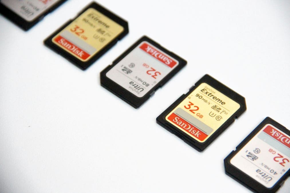SanDisk SD cards lined up on white background