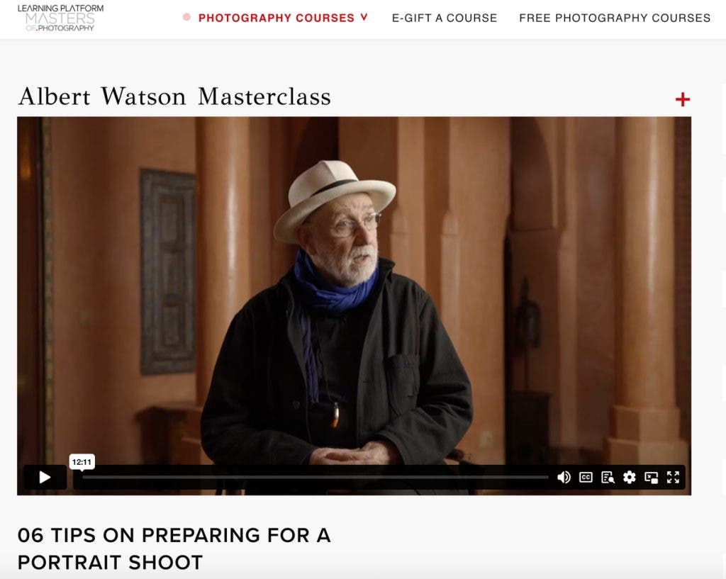 Screenshot of the Albert Watson Masterclass, this one is from the lesson "preparing for a portrait shoot."